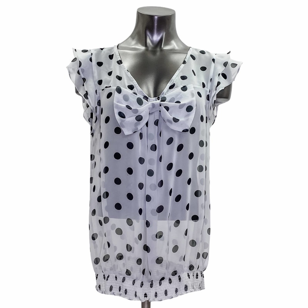 WHITE Black Polka Dot Sleeveless Smocked Blouse